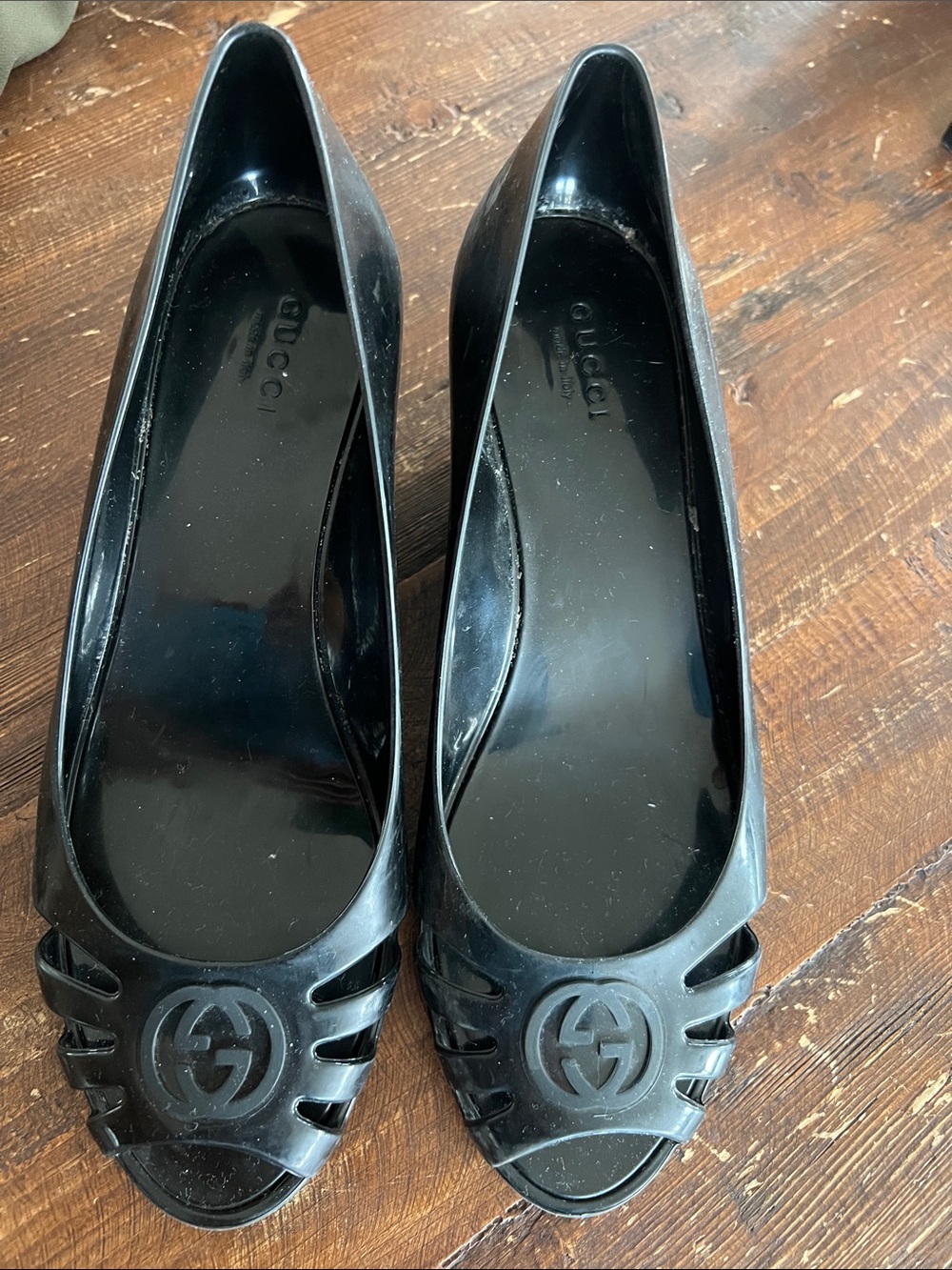 Gucci Black Patent Logo Peep-Toe Wedges